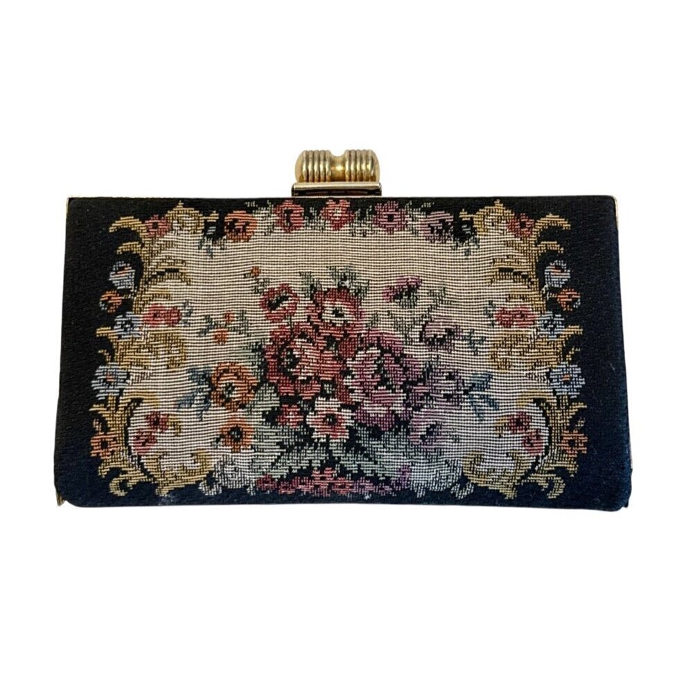 Vintage Box Style Floral Tapestry Carpet Gold Tone Barrel Clasp Clutch Purse